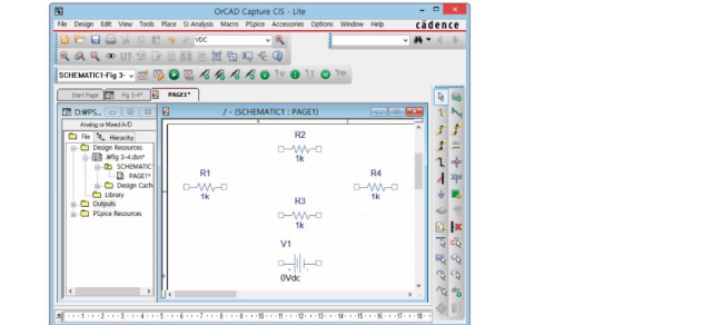 회로도면에 저항 R1 R2 R3 R4와 직류전원 V1을 입력한 OrCAD Capture 화면
