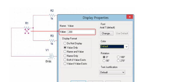 Display Properties 설정창. Value 입력란에 200을 입력하는 화면, 배경에 회로도가 보임