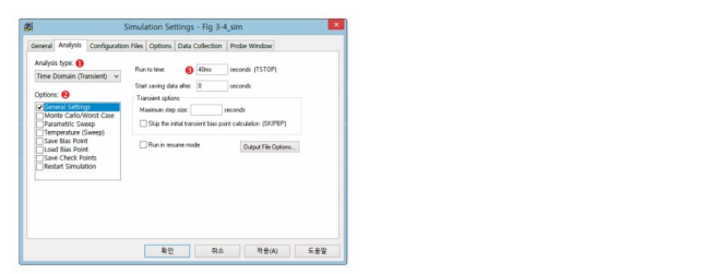 Simulation Settings 설정창. Analysis type이 Time Domain(Transient)로 선택되고 Run to time에 40ms가 입력된 화면