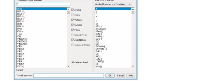 Add Traces 대화창. Simulation Output Variables 목록에서 I(R1), I(R2), I(R3)를 선택하는 화면