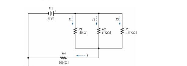 V1=5V 전원에 R1=1kΩ, R2=1kΩ, R3=1.5kΩ이 병렬로 연결되고, 그 아래로 R4=500Ω이 직렬로 연결된 PSpice 시뮬레이션 실습 회로