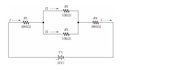 R1=200Ω, R2·R3=1kΩ 병렬, R4=300Ω, 5V 직류전원으로 구성된 PSpice 사용법 설명용 회로