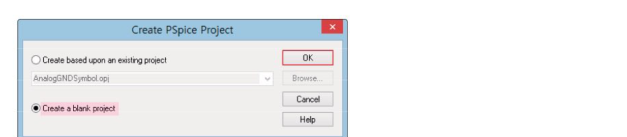 Create PSpice Project 설정창. Create a blank project가 선택됨