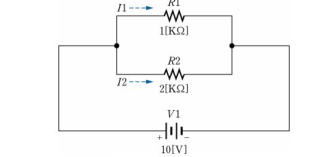 V1=10V 전원에 R1=1kΩ과 R2=2kΩ이 병렬로 연결된 회로. I1은 R1을 흐르는 전류, I2는 R2를 흐르는 전류로 표시되어 있다.