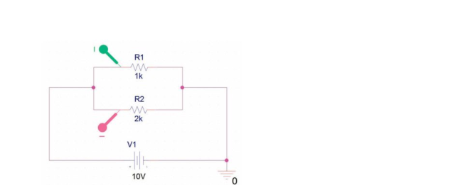 OrCAD Capture 화면의 시뮬레이션 회로. R1=1k, R2=2k가 V1=10V와 병렬로 연결되어 있고 전류 프로브 두 개가 연결되어 있다.